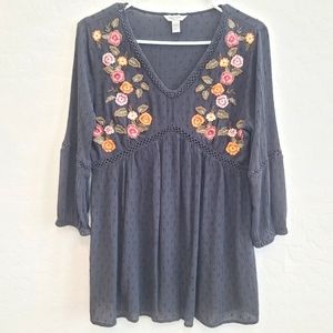 Arizona Jean Co. Black & Floral Embroidered Blouse Top Women's Size Medium